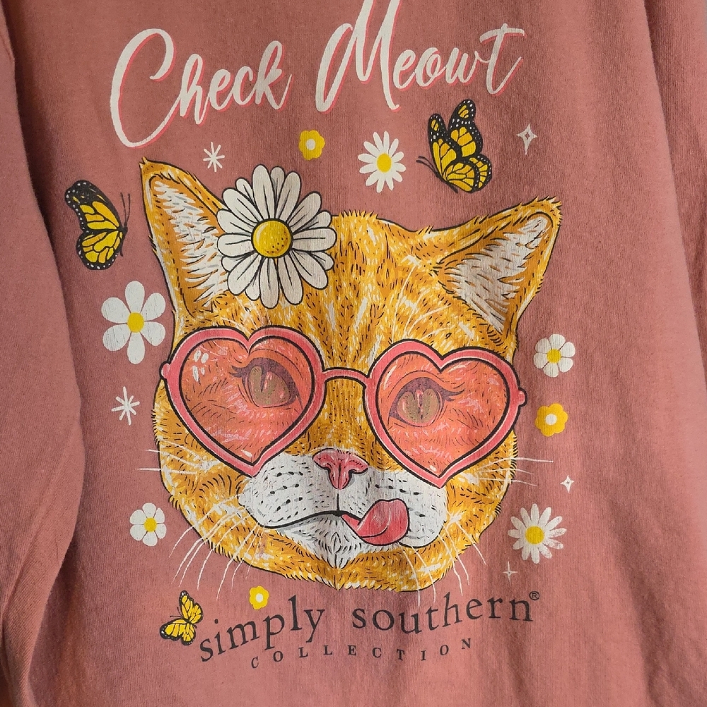 Simply Southern Kids Pink 'Check Meowt' Cat Long Sleeve Tee Size Youth Medium - Picture 5 of 5